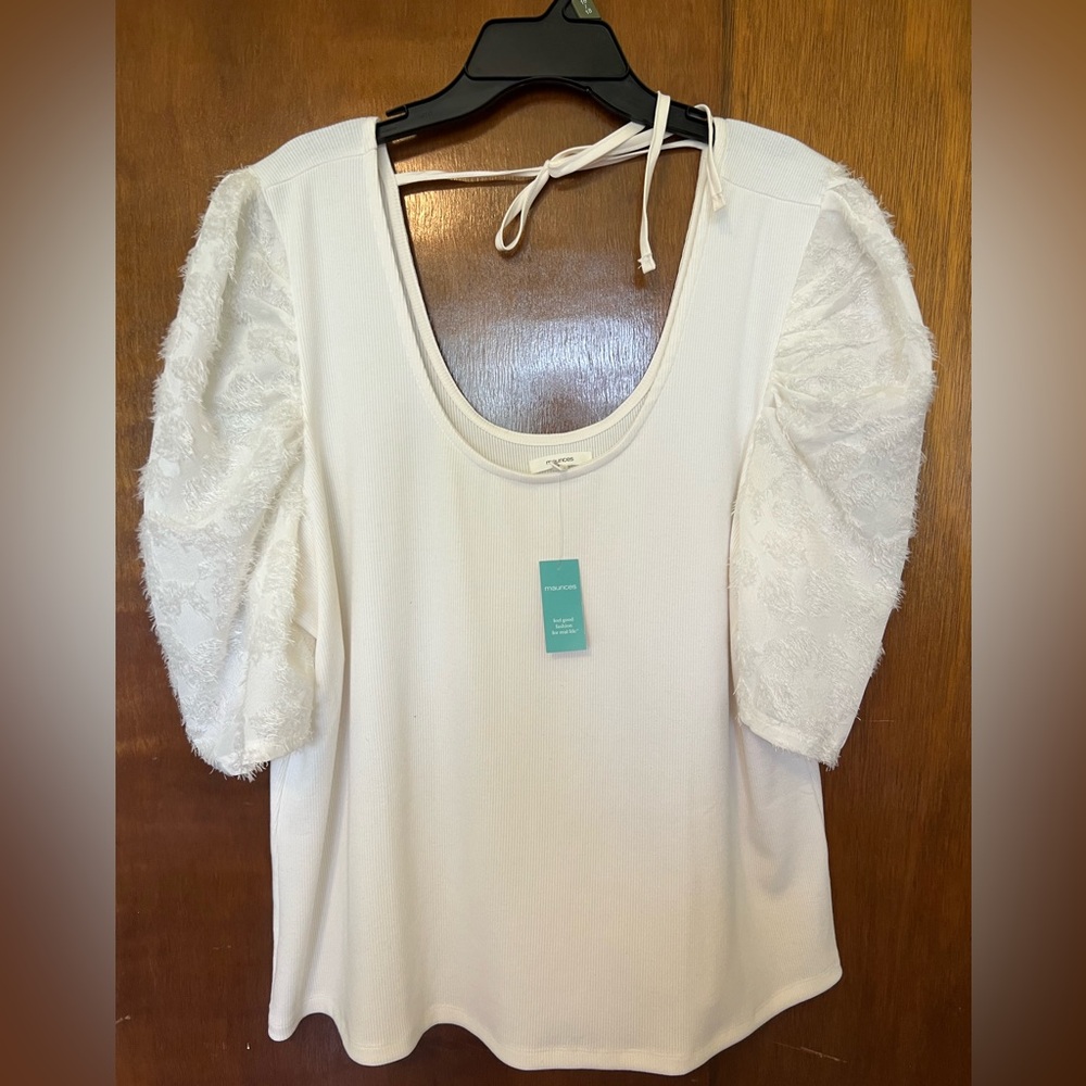 Maurices Women's White Ribbed Puff Sleeved Blouse Tie in Back
